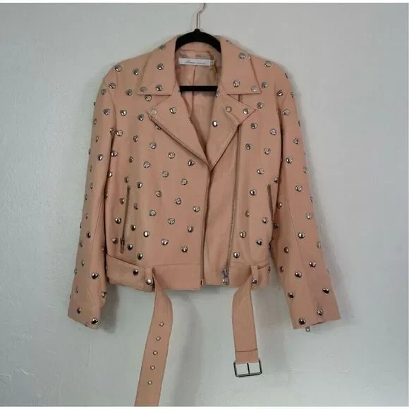 Lovers + friends pink studded heart moto leather jacket size S - Picture 4 of 16